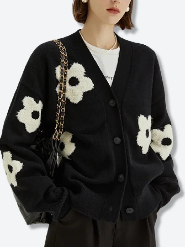 Flower Cardigan Chenille Blend Fleece Blend Nylon Blend