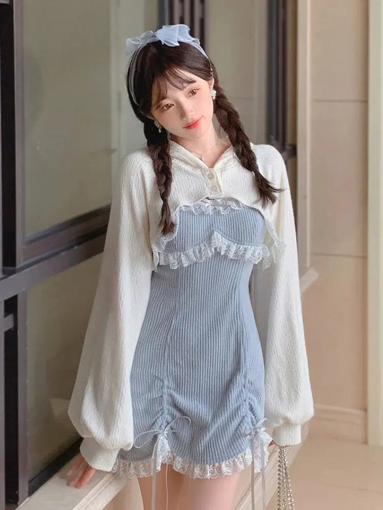 Kawaii Mini Dress & Crop Cardigan Two Piece Set Boat Neck Shawl Collar Notched Collar Kawaii Mini Dress & Crop Cardigan Two Piece Set Boat Neck Shawl Collar Notched Collar