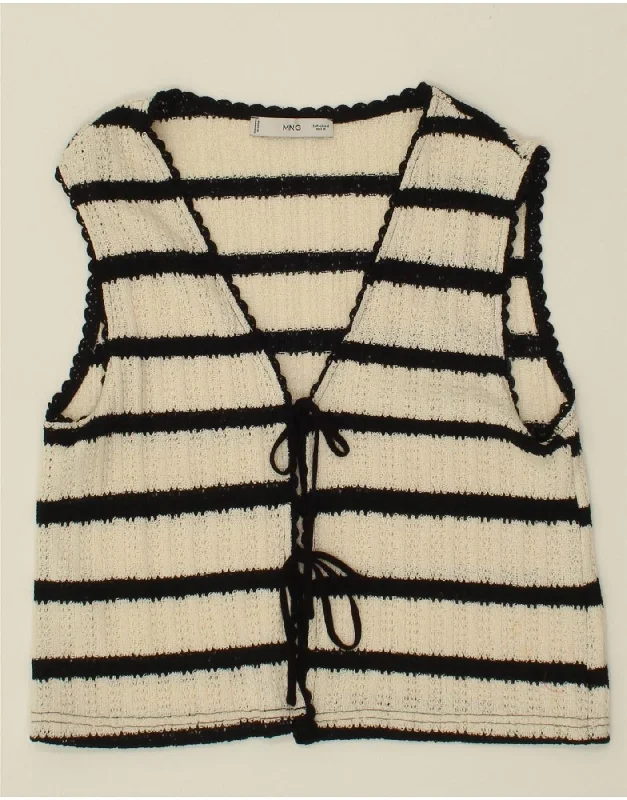 MANGO Womens Crop Sleeveless Cardigan Sweater UK 12 Medium White Striped Real Fur Shearling Chenille MANGO Womens Crop Sleeveless Cardigan Sweater UK 12 Medium White Striped Real Fur Shearling Chenille
