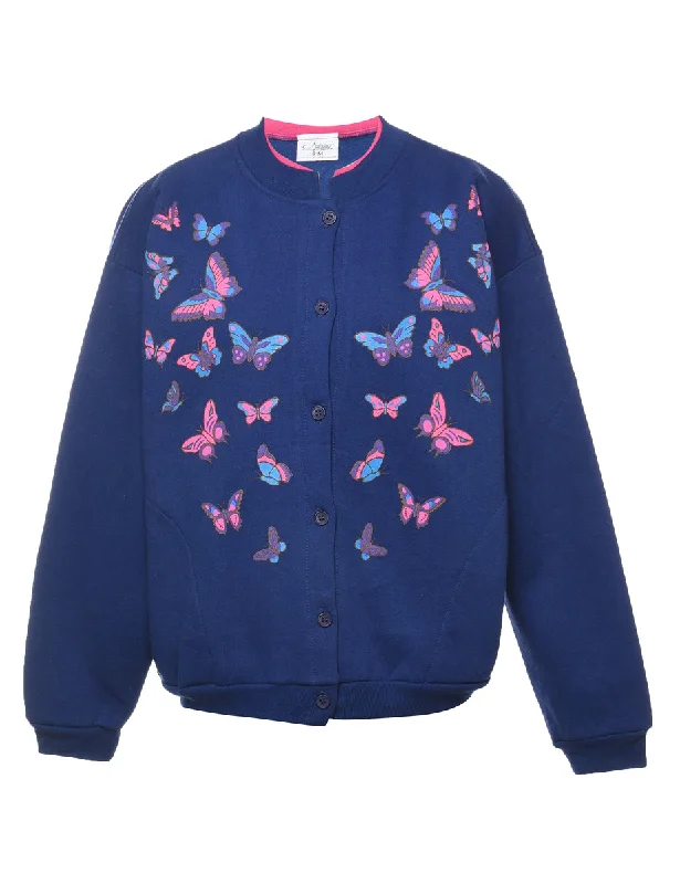 Navy, Pink & Blue Butterfly Cardigan  - M Terry Blend Velvet Blend Canvas Blend