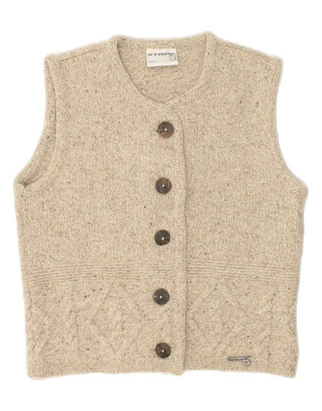 STAPF Womens Sleeveless Cardigan Sweater UK 12 Medium Beige Flecked Wool