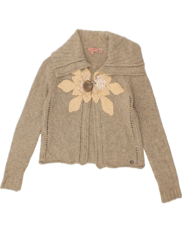 TED BAKER Womens Crop Cardigan Sweater Size 2 Small Beige Wool Transparent Opaque Sheer TED BAKER Womens Crop Cardigan Sweater Size 2 Small Beige Wool Transparent Opaque Sheer