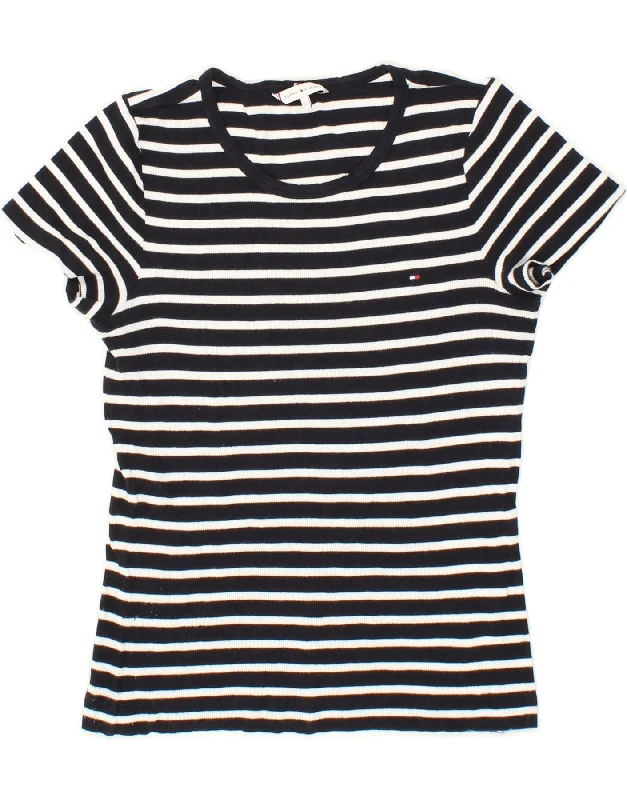 TOMMY HILFIGER Womens Cardigan Top UK 14 Large Navy Blue Striped Neon metallic Matte TOMMY HILFIGER Womens Cardigan Top UK 14 Large Navy Blue Striped Neon metallic Matte