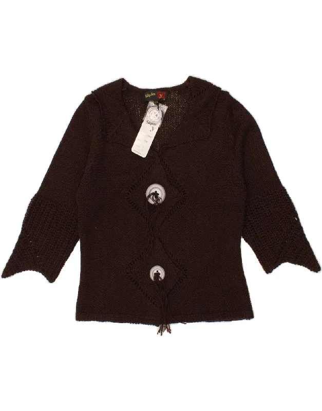 VINTAGE Womens 3/4 Sleeve Cardigan Sweater UK 10 Small Brown Acrylic Fleece Fabric Down Fabric Feather Fabric VINTAGE Womens 3/4 Sleeve Cardigan Sweater UK 10 Small Brown Acrylic Fleece Fabric Down Fabric Feather Fabric