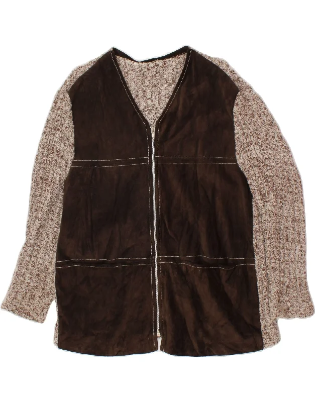 VINTAGE Womens 3/4 Sleeve Cardigan Sweater UK 14 Large Brown Colourblock Stretchy Elastic Breathable VINTAGE Womens 3/4 Sleeve Cardigan Sweater UK 14 Large Brown Colourblock Stretchy Elastic Breathable