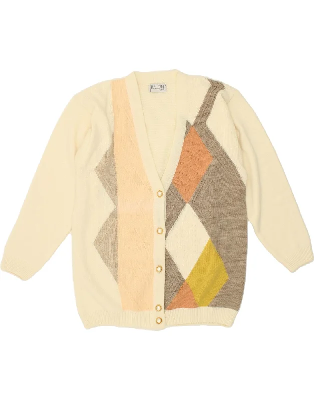 VINTAGE Womens Cardigan Sweater IT 44 Medium Off White Argyle/Diamond Wool Sequined Glittery Shiny VINTAGE Womens Cardigan Sweater IT 44 Medium Off White Argyle/Diamond Wool Sequined Glittery Shiny