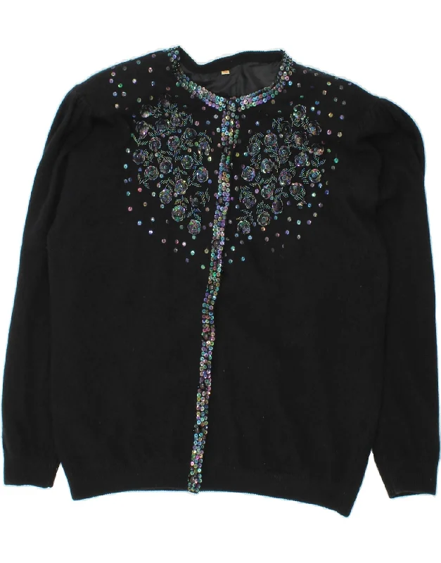 VINTAGE Womens Cardigan Sweater IT 52 2XL Black Lambswool Print Jacquard Patchwork
