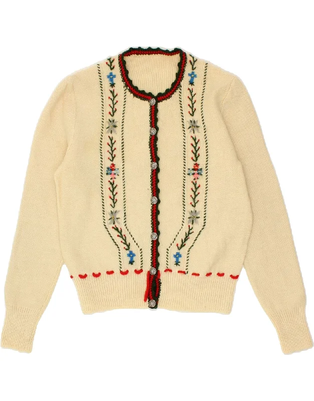 VINTAGE Womens Cardigan Sweater UK 12 Medium Off White Floral Cable Knit Ribbed Knit Lace Knit VINTAGE Womens Cardigan Sweater UK 12 Medium Off White Floral Cable Knit Ribbed Knit Lace Knit