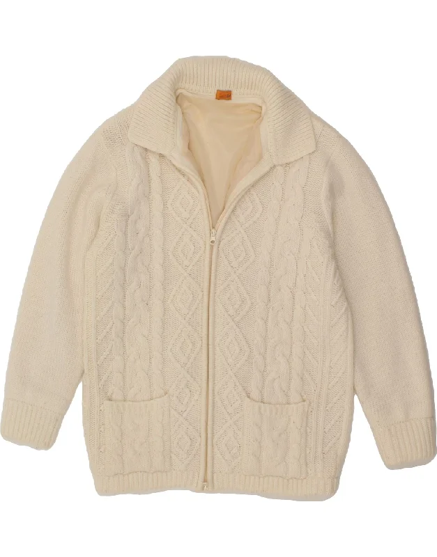 VINTAGE Womens Cardigan Sweater UK 14/16 Large Beige Acrylic Fitted Loose Oversized