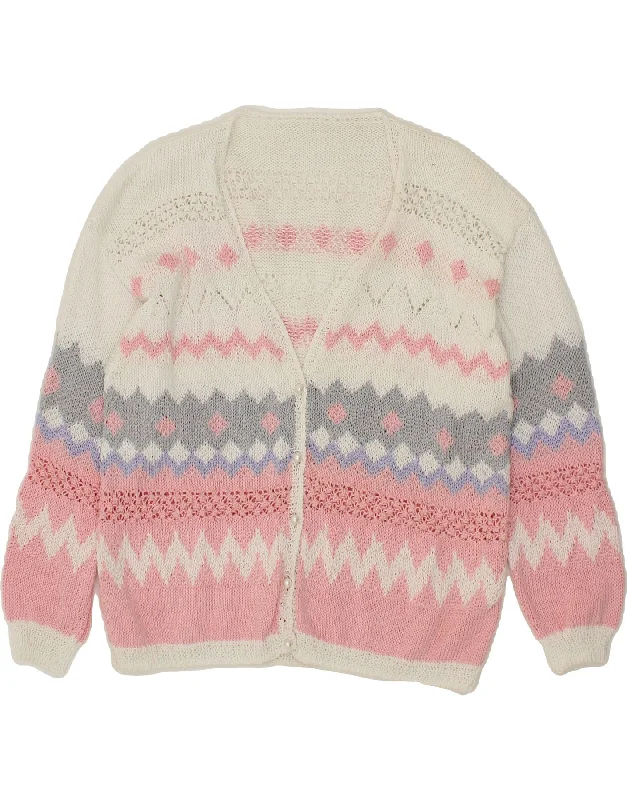 VINTAGE Womens Cardigan Sweater UK 14 Large Pink Fair Isle Ribbed Striped Patterned