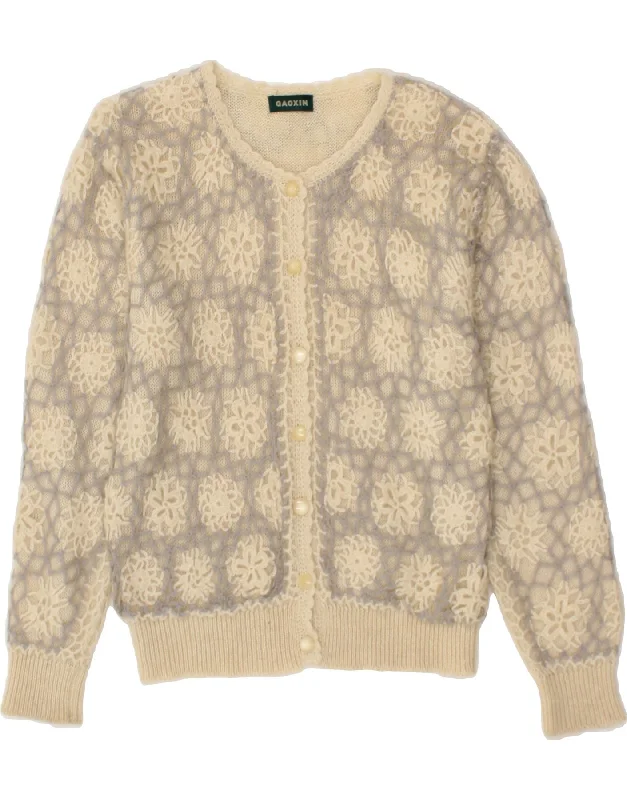 VINTAGE Womens Cardigan Sweater UK 14 Medium Beige Floral Cardigan Knitwear Sweater