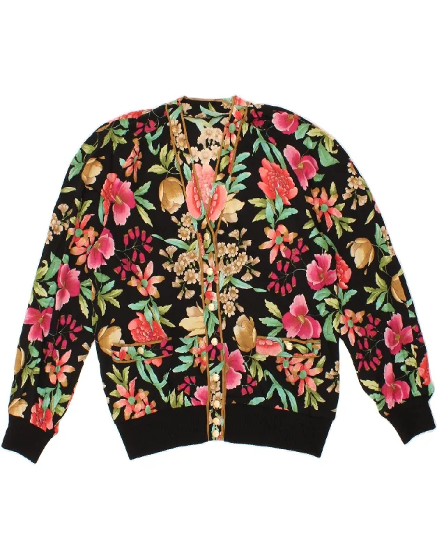 VINTAGE Womens Cardigan Sweater UK 14 Medium Black Floral Hooded Caped Shawl Collar