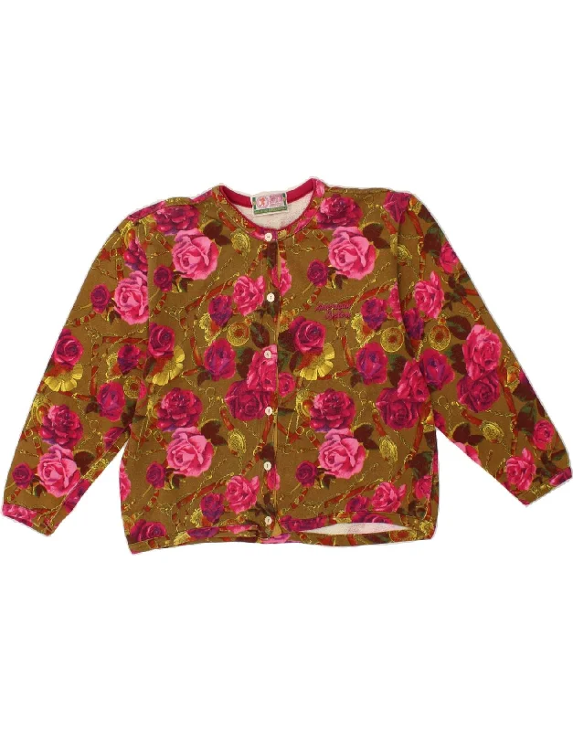 VINTAGE Womens Cardigan Sweater UK 14 Medium Khaki Floral Chenille Brocade Lace