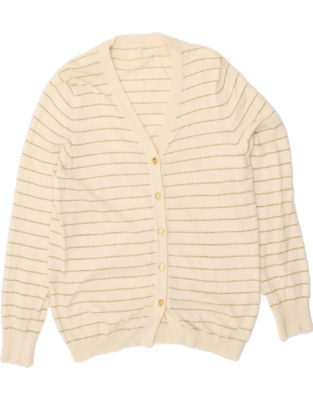 VINTAGE Womens Cardigan Sweater UK 14 Medium Off White Striped Real Fur Shearling Chenille VINTAGE Womens Cardigan Sweater UK 14 Medium Off White Striped Real Fur Shearling Chenille