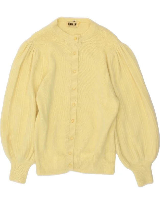 VINTAGE Womens Cardigan Sweater UK 14 Medium Yellow Angora Fitted Slim Tailored