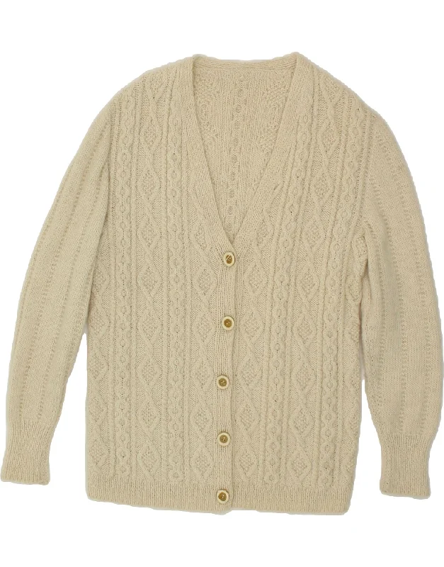 VINTAGE Womens Cardigan Sweater UK 16 Large Off White Real Fur Shearling Chenille
