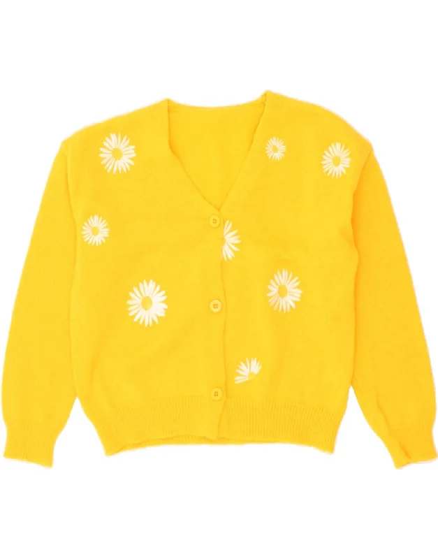 VINTAGE Womens Cardigan Sweater UK 16 Large Yellow Floral Polyester