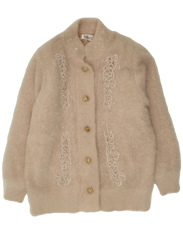 VINTAGE Womens Cardigan Sweater UK 18 XL Beige Floral Fitted Loose Oversized