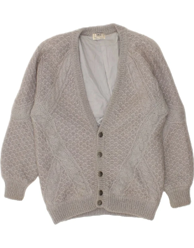 VINTAGE Womens Cardigan Sweater UK 18 XL Grey Mesh Blend Leather Blend Suede Blend