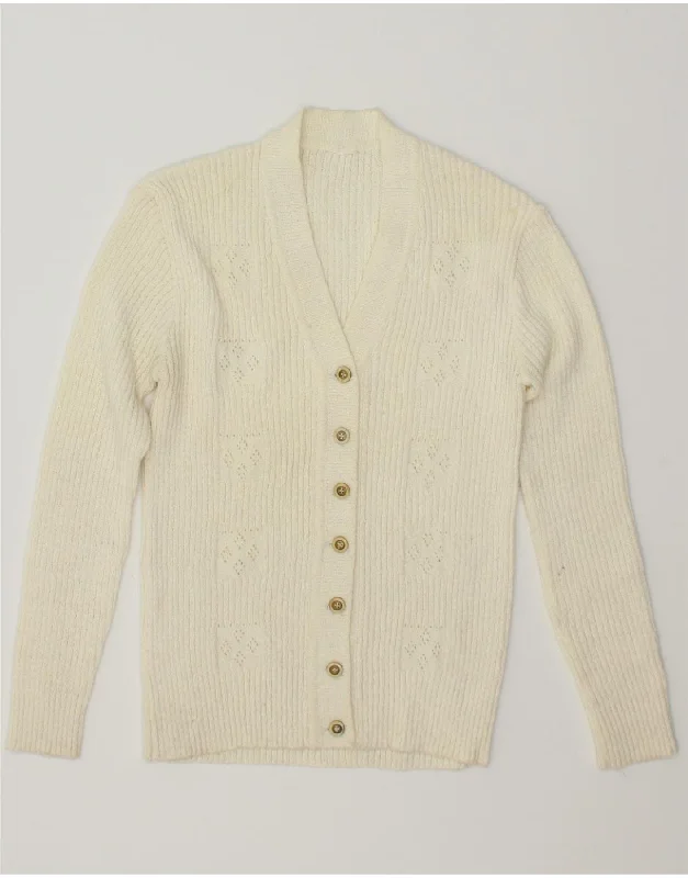 VINTAGE Womens Cardigan Sweater UK 8 Small Off White Cashmere Blend Cotton Blend Poly Blend