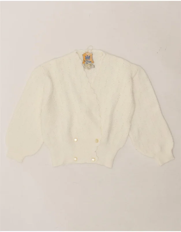 VINTAGE Womens Crop 3/4 Sleeve Cardigan Sweater UK 12 Medium White Denim Fabric Leather Fabric Suede Fabric VINTAGE Womens Crop 3/4 Sleeve Cardigan Sweater UK 12 Medium White Denim Fabric Leather Fabric Suede Fabric