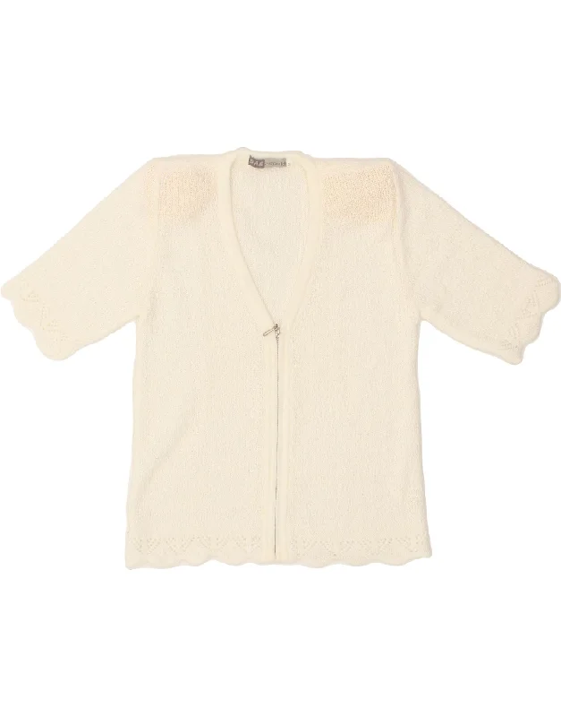 VINTAGE Womens Crop Short Sleeve Cardigan Sweater UK 12 Medium White Cotton Fabric Linen Fabric Terry Fabric VINTAGE Womens Crop Short Sleeve Cardigan Sweater UK 12 Medium White Cotton Fabric Linen Fabric Terry Fabric