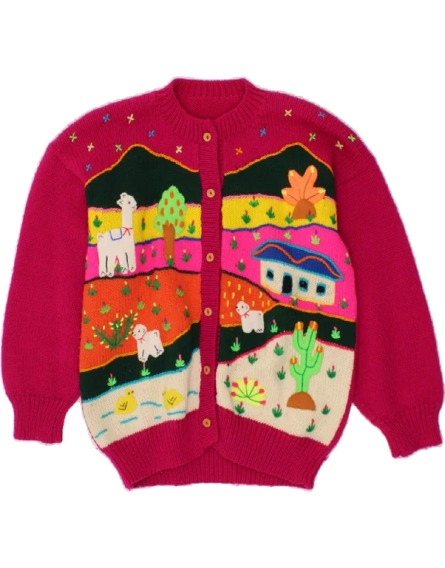VINTAGE Womens Graphic Cardigan Sweater UK 12 Medium Pink Colourblock Solid Print Embellished VINTAGE Womens Graphic Cardigan Sweater UK 12 Medium Pink Colourblock Solid Print Embellished
