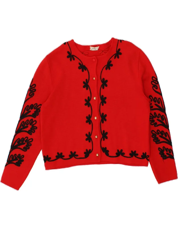 VINTAGE Womens Graphic Cardigan Sweater UK 16 Large Red Floral Spandex Blend Rayon Blend Denim Blend VINTAGE Womens Graphic Cardigan Sweater UK 16 Large Red Floral Spandex Blend Rayon Blend Denim Blend