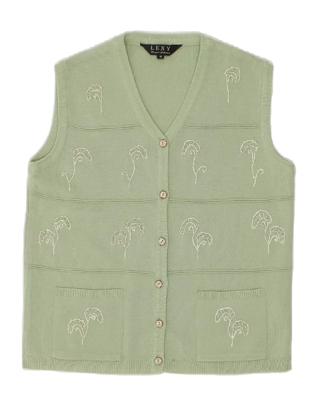VINTAGE Womens Graphic Sleeveless Cardigan Sweater UK 14 Medium Green Casual Formal Business VINTAGE Womens Graphic Sleeveless Cardigan Sweater UK 14 Medium Green Casual Formal Business