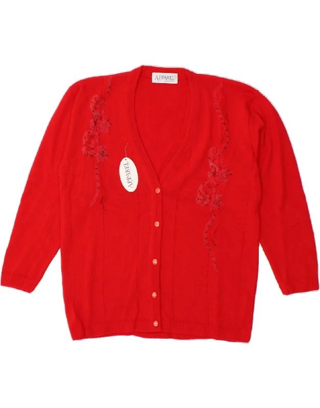 VINTAGE Womens Longline Cardigan Sweater UK 14 Medium Red Floral Wool Iron Safe Non-Iron Wrinkle Free VINTAGE Womens Longline Cardigan Sweater UK 14 Medium Red Floral Wool Iron Safe Non-Iron Wrinkle Free