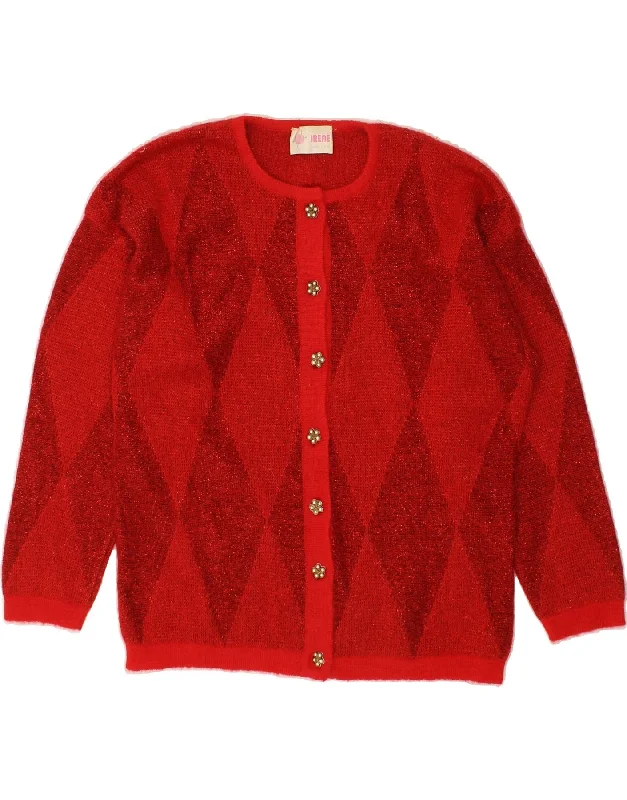 VINTAGE Womens Loose Fit Cardigan Sweater UK 14 Medium Red Argyle/Diamond Thin Thick Dense VINTAGE Womens Loose Fit Cardigan Sweater UK 14 Medium Red Argyle/Diamond Thin Thick Dense