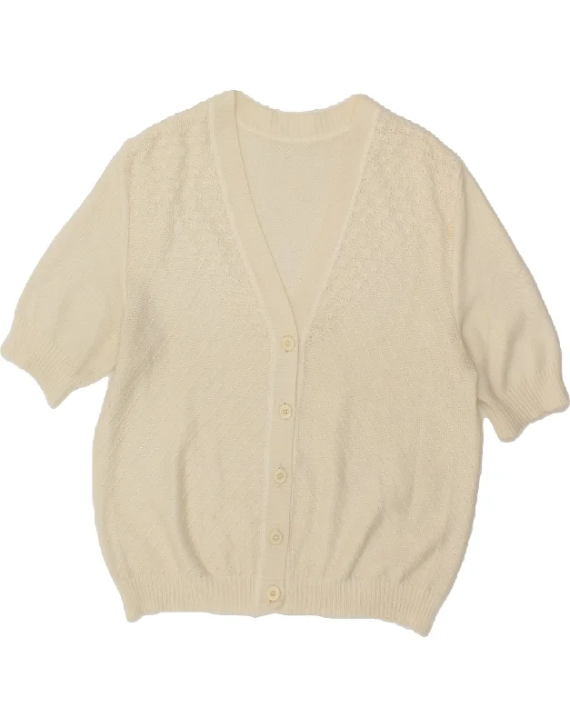 VINTAGE Womens Short Sleeve Cardigan Sweater IT 48 XL Off White Boat Neck Shawl Collar Notched Collar VINTAGE Womens Short Sleeve Cardigan Sweater IT 48 XL Off White Boat Neck Shawl Collar Notched Collar
