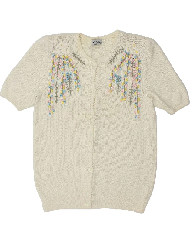VINTAGE Womens Short Sleeve Cardigan Sweater UK 16 Large White Floral Wool Iron Safe Non-Iron Wrinkle Free VINTAGE Womens Short Sleeve Cardigan Sweater UK 16 Large White Floral Wool Iron Safe Non-Iron Wrinkle Free