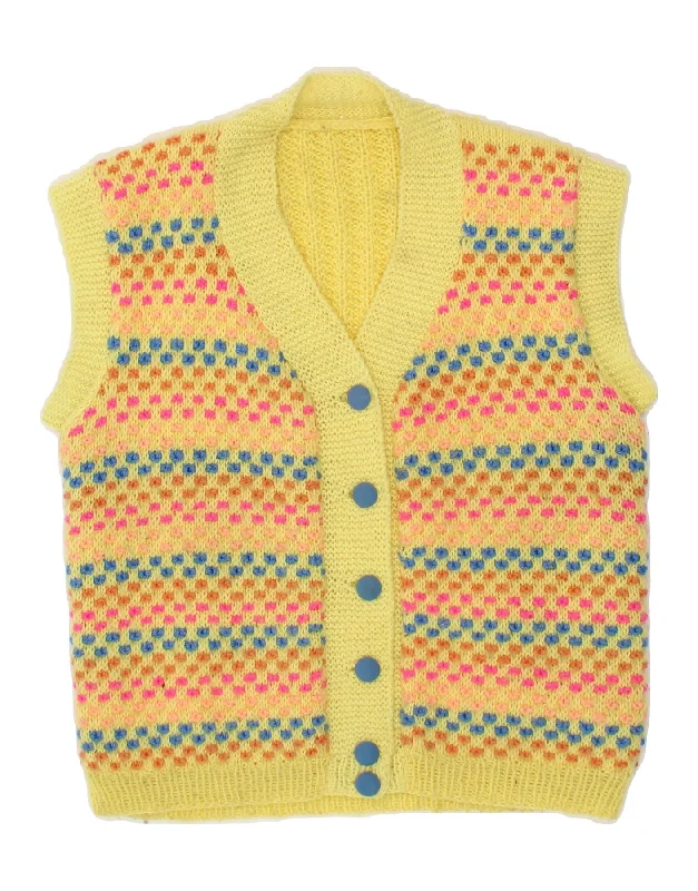 VINTAGE Womens Sleeveless Cardigan Sweater UK 10 Small Yellow Geometric