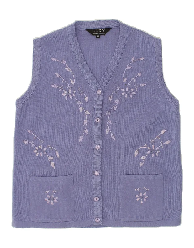 VINTAGE Womens Sleeveless Cardigan Sweater UK 14 Medium Purple Floral Elegant Classic Vintage VINTAGE Womens Sleeveless Cardigan Sweater UK 14 Medium Purple Floral Elegant Classic Vintage