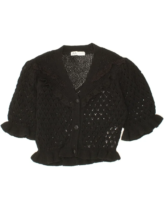 ZARA Womens Crop Short Sleeve Crochet Cardigan Sweater UK 12 Medium Black Seamless Knitted Crochet ZARA Womens Crop Short Sleeve Crochet Cardigan Sweater UK 12 Medium Black Seamless Knitted Crochet